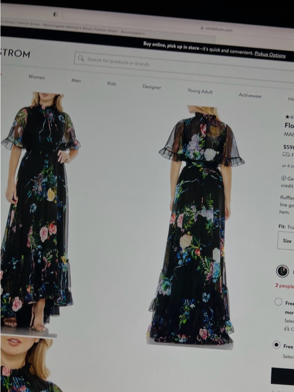 Mac Duggal Black Floral Maxi Dress with Sheer Ruffle Sleeves